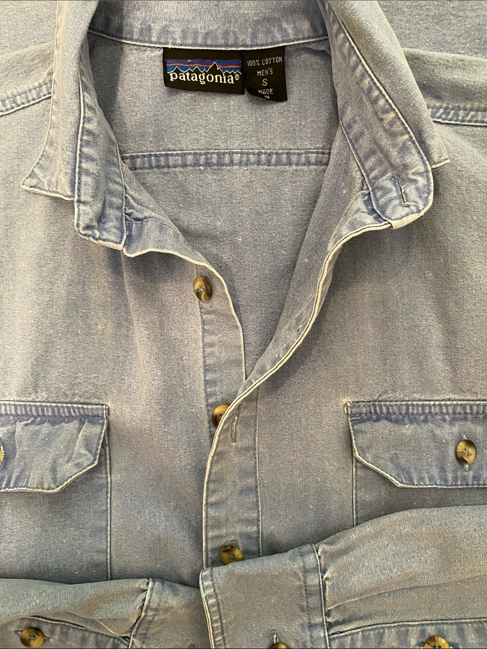 Vintage Patagonia Men's Light Denim Blue Button-Down Shirt
